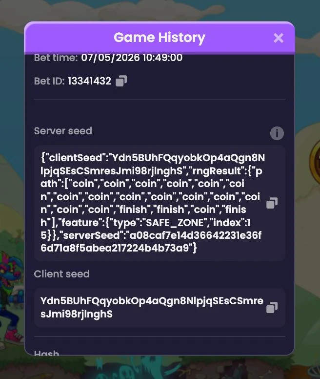 Game History — Bet time 07/05/2026 10:49, Bet ID 13341432, Server seed с полным rngResult и feature SAFE_ZONE index 15
