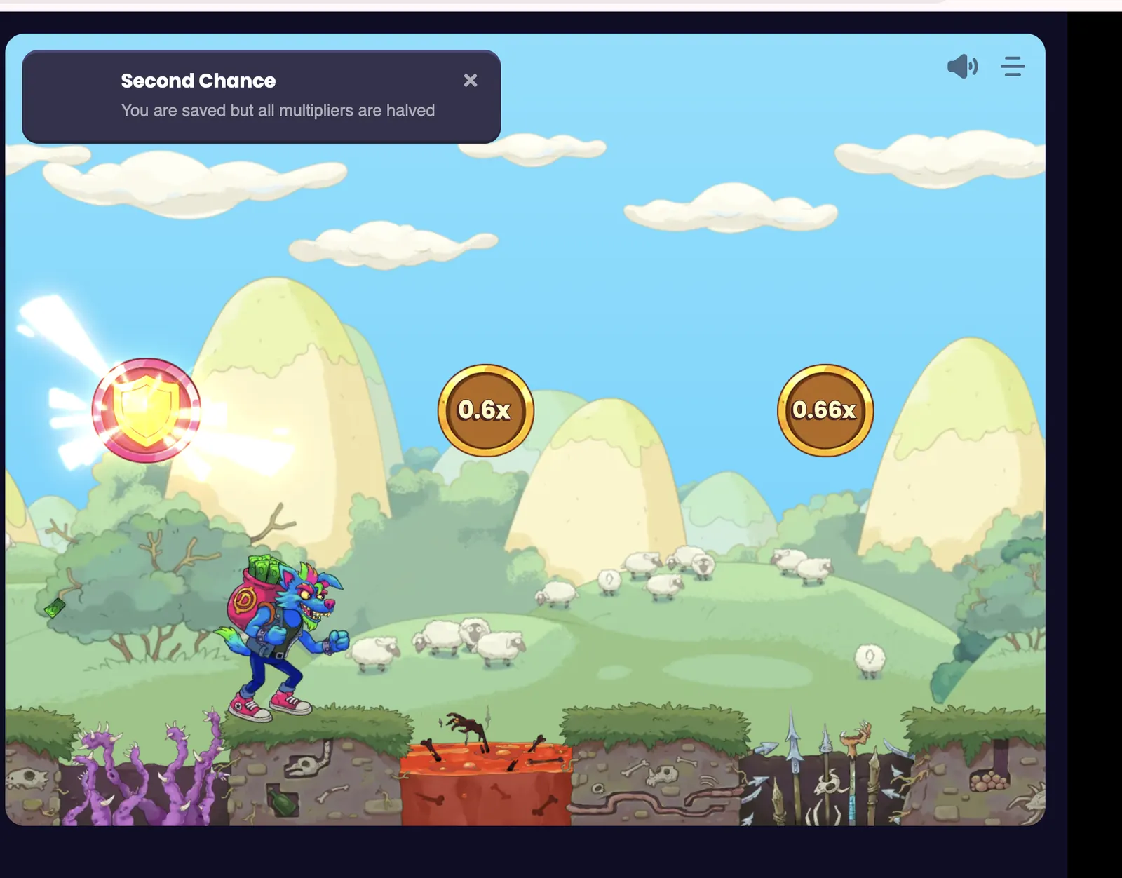 Скриншот игры Ebaka Collector — волк идёт по клеткам, вокруг клеток видны множители 0.6x, 0.66x, срабатывает модалка Second Chance